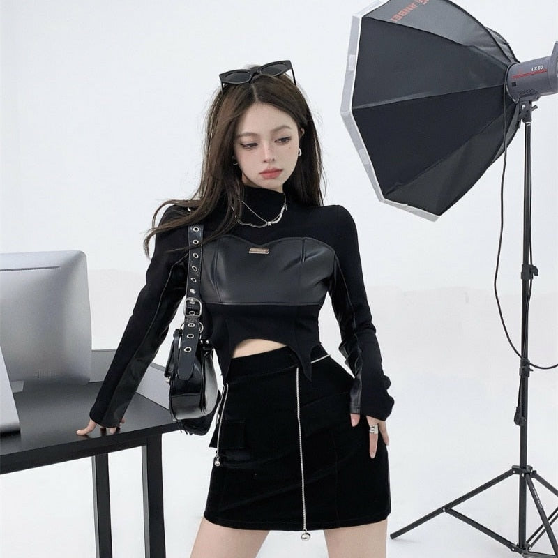 Pu Leather Top & Black Mini Skirt |2 Piece Set| (multiple options available)