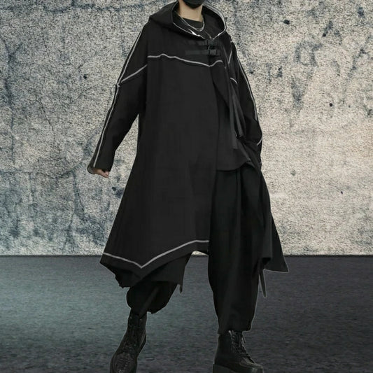 Long Black Tactical Hooded Trench Coat