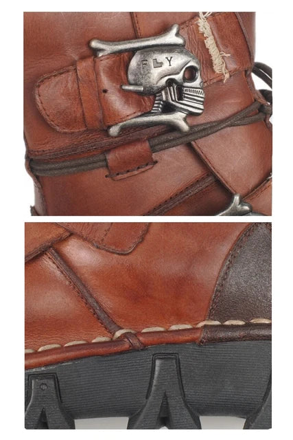 Mens Genuine Cowhide Leather Moto Boots with Skull Buckles (multiple options available) - Only Liberation