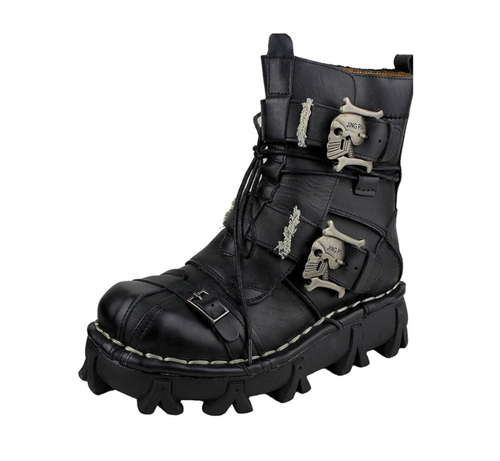 Mens Genuine Cowhide Leather Moto Boots with Skull Buckles (multiple options available) - Only Liberation