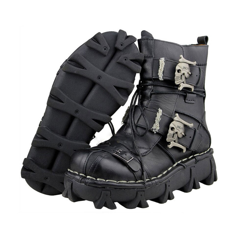 Mens Genuine Cowhide Leather Moto Boots with Skull Buckles (multiple options available) - Only Liberation