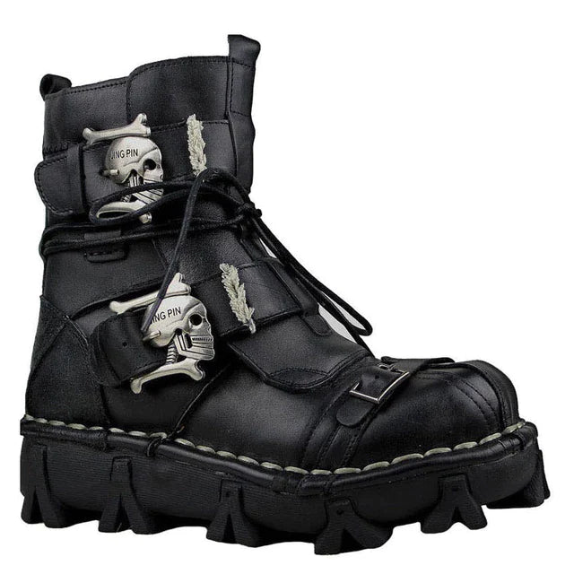 Mens Genuine Cowhide Leather Moto Boots with Skull Buckles (multiple options available) - Only Liberation