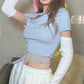 Blue Cropped Top With Crisscross Waist Tie & White Sleeves