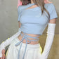 Blue Cropped Top With Crisscross Waist Tie & White Sleeves