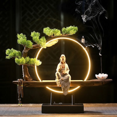 Buddha or Guanyin Backflow Incense Burner Light with Lotus Incense Stick Holder (multiple options available) - Only Liberation