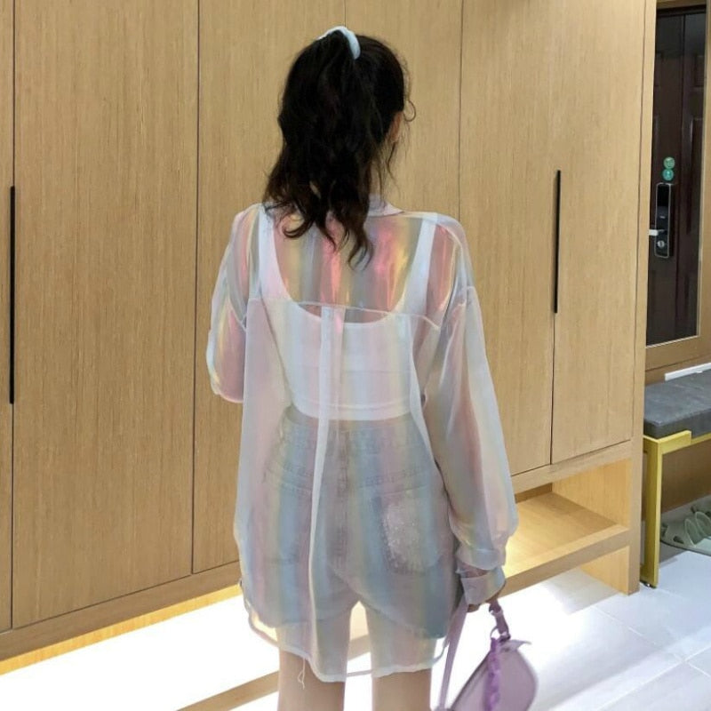 Sheer Iridescent Button-up Blouse (multiple options available)